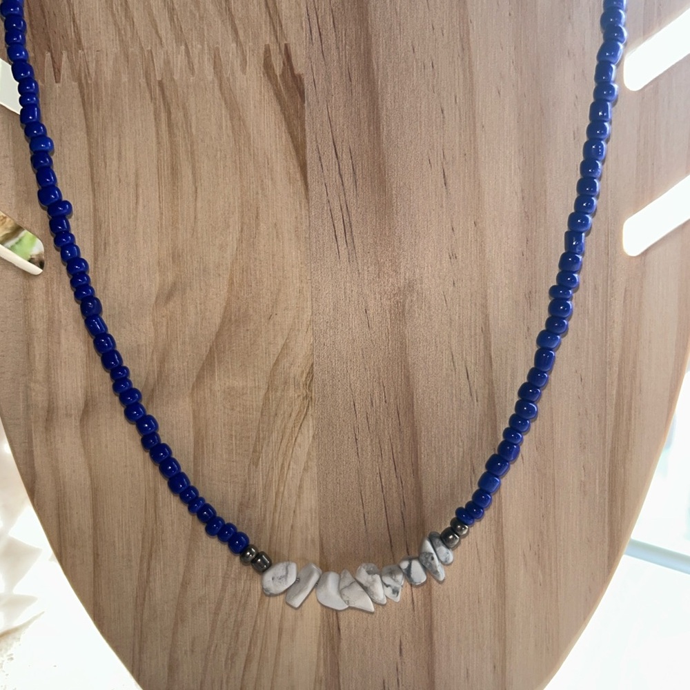 Blue Beaded Necklace with Howlite Stone Accent